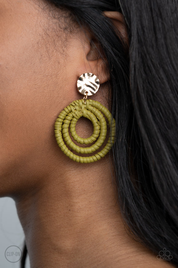 Whimsically Wicker- Green Clip On Earrings